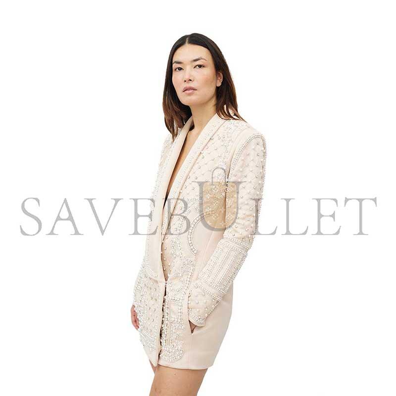 BALMAIN BEIGE CRYSTALS & PEARLS EMBELLISHED SHAWL LAPEL BLAZER 